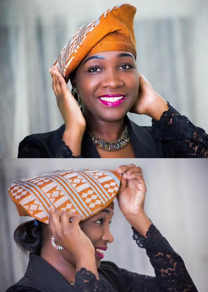 BERET en pagne tissé Orange motifs imprimés de chez Maison Momy