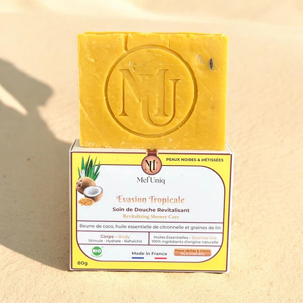   Savon Evasion Tropicale Soin de Douche Revitalisant Peaux sèches & mixtes Surgras Solide Bio Corps-by Mel'uniq