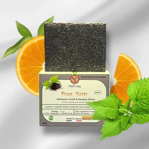  Savon Peau Nette Nettoyant Actif & Masque Détox   Peaux Mixtes à Grasses et/ou à imperfections Surgras Solide Bio Visage - Cou - Décolleté- by Mel'uniq